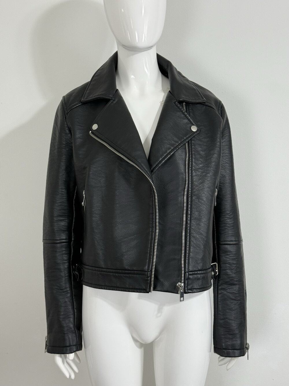 Women’s Faux Leather Moto Biker Jacket Black Size Large Edgy Punk Zip Up Coat